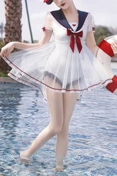 White/Blue/Red Bowknot Short Sleeves Navy Cute Sweet Lolita One Piece Swimsuit